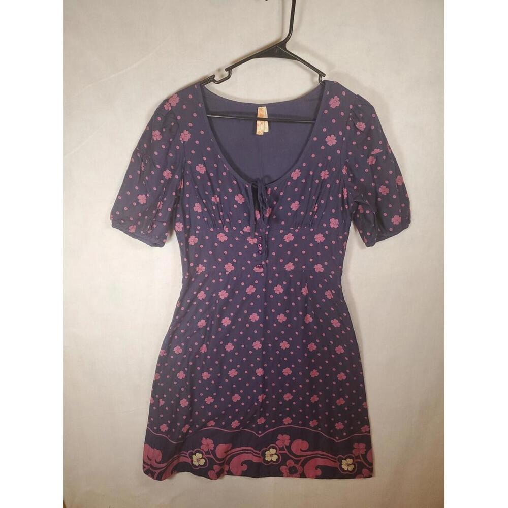 Maeve Anthropologie Blue Pink Polka Dot Floral Print Retro Shirt Dress Size 8